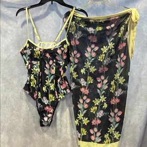 Black Floral One-Piece Swimsuit with Sarong Cover-Up